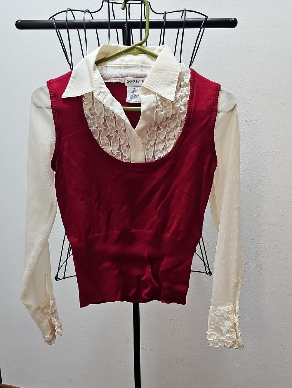 George Burgundy Sweater Tank with Cream Ruffle Blouse Layer